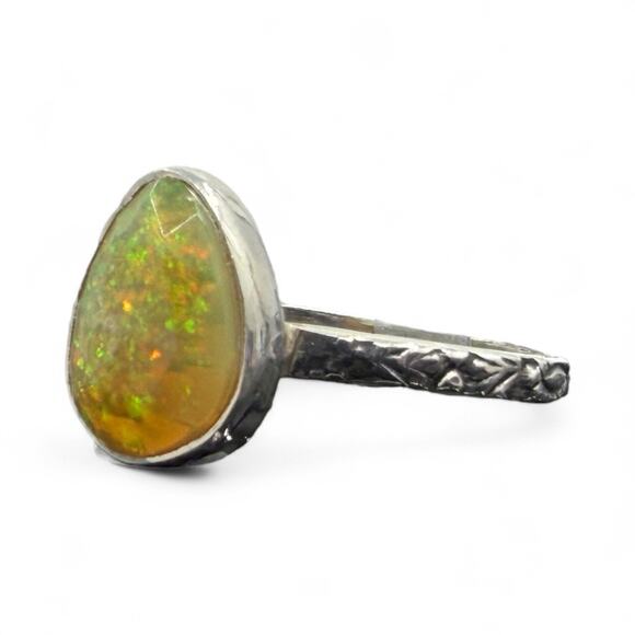 Rose Cut Pear Ethiopian Opal Ring 925 Sterling Silver Size 9 Carved Band - Picture 4 of 7